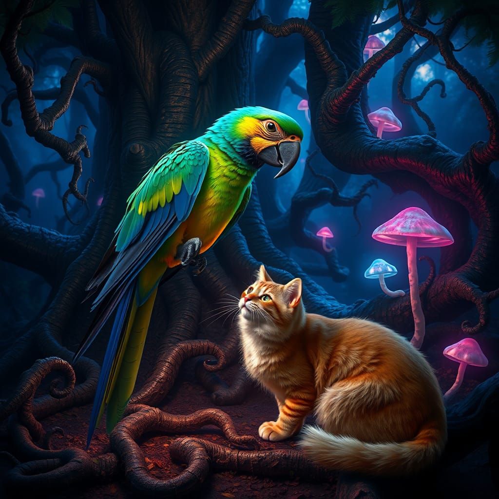 Parrot Taunts Cat in Mystical Forest, Matte Painting
