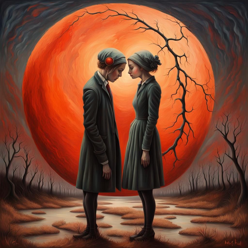 Surreal Gothic Portrait with Red Moon, Oil Painting