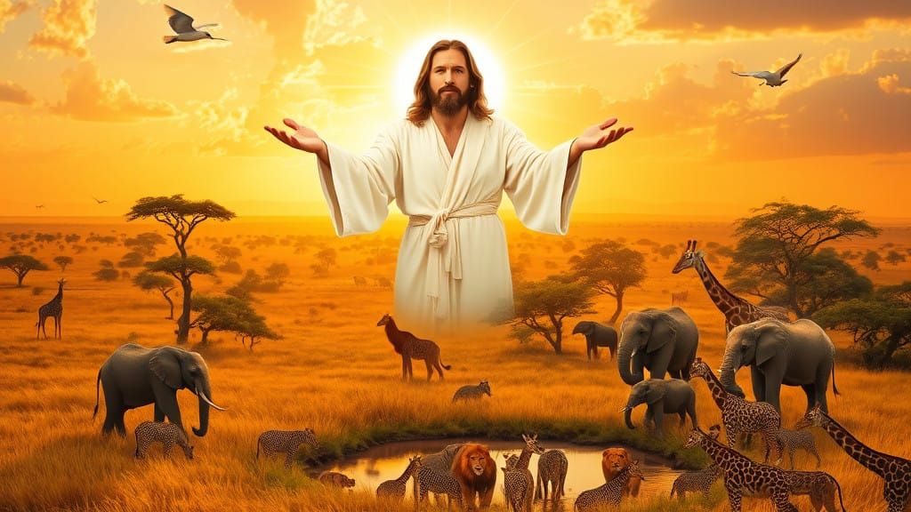 Surrealistic Landscape of African Savanna Under God's Golden...