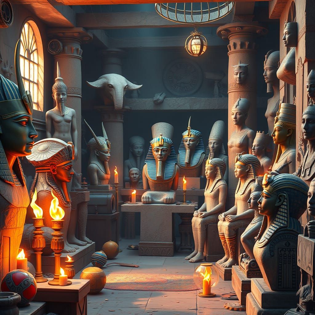 Egyptian Gods and Pharaohs in a Vibrant Ancient Workshop Sce...