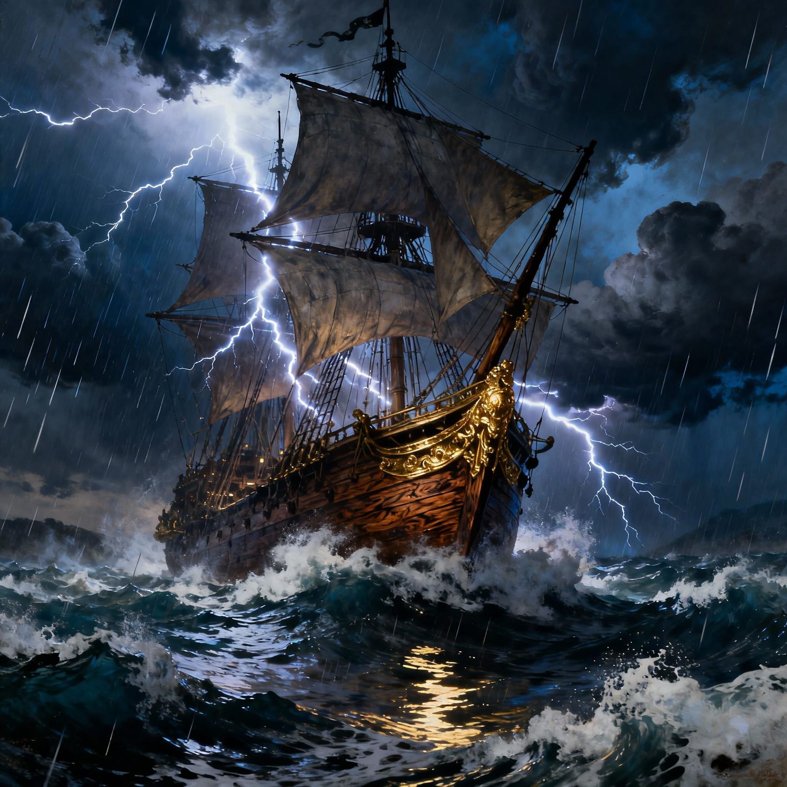 Pirate Ship Battles Storm Under Lightning