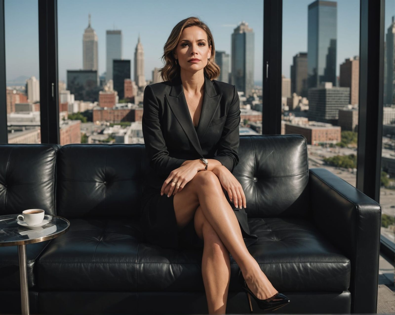 Contemplative Woman on Leather Couch in Hotel