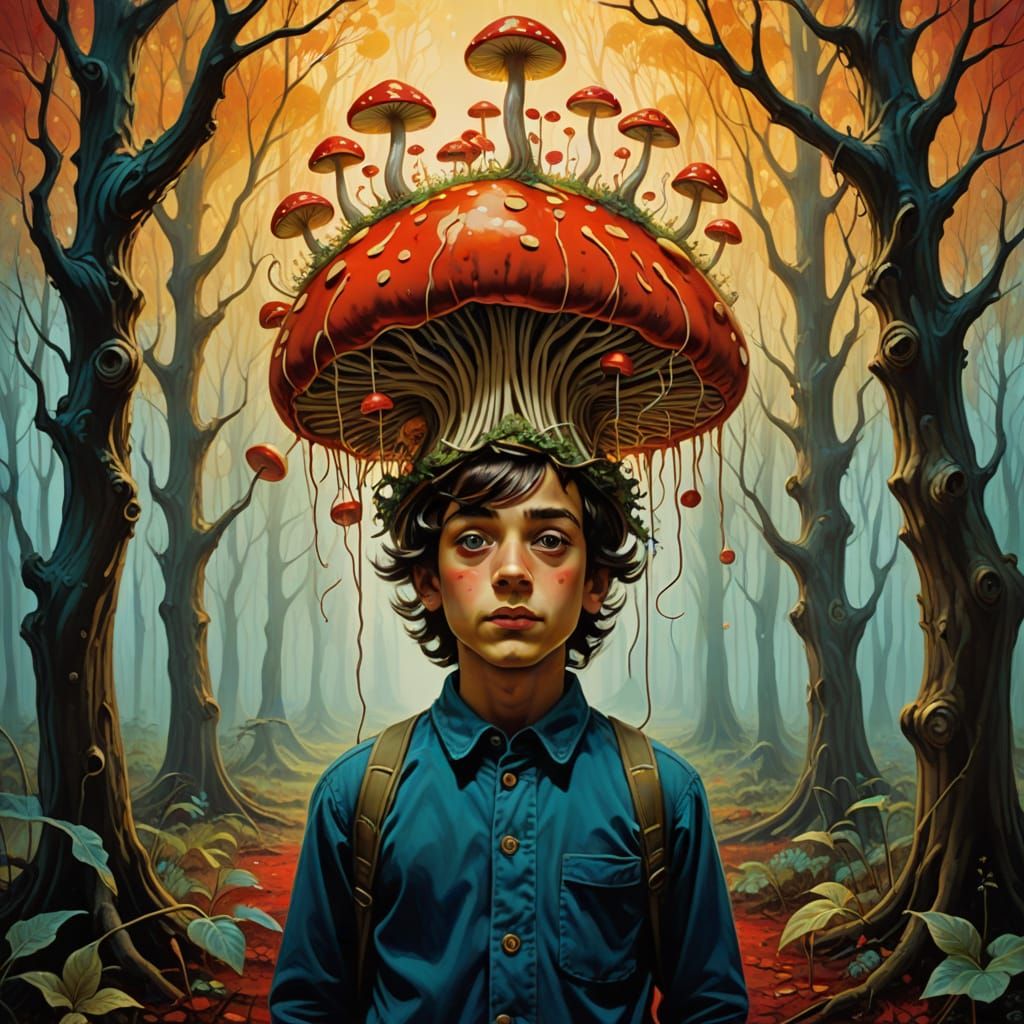 Surreal Kid in Dreamlike Forest with Vibrant, Expressive Bru...