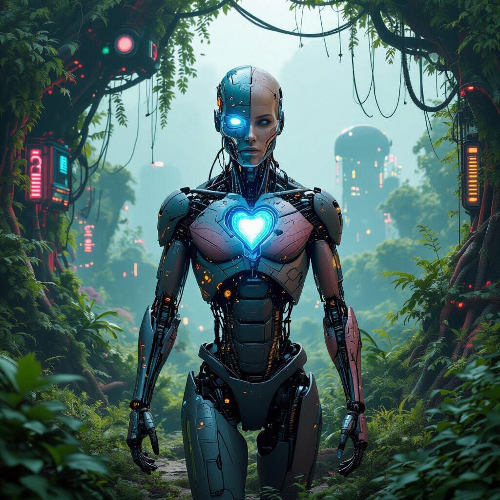 Cyborg in Surreal Landscape, Retrofuturism Aesthetic