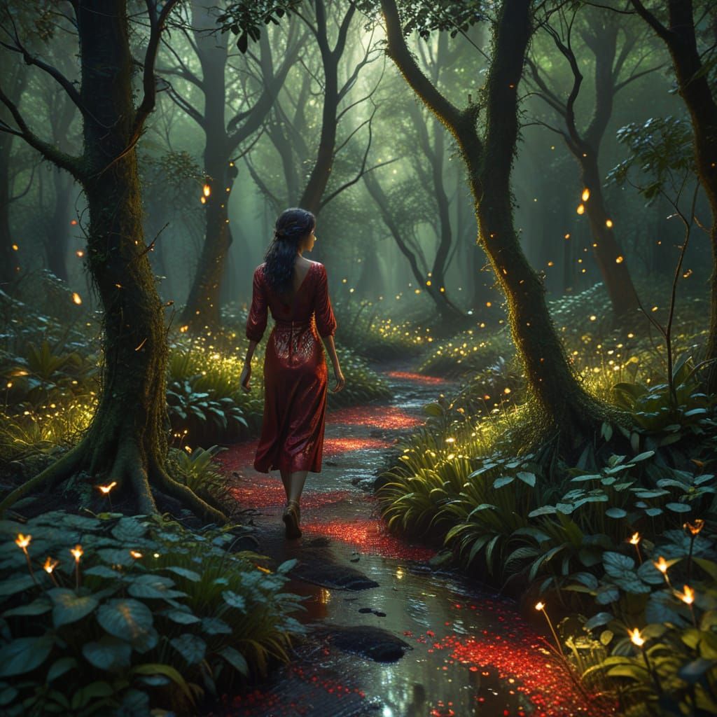 A Red Figure Walks Through a Twisted, Dappled Forest