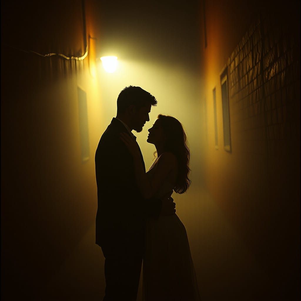 Cinematic Couple in Foggy Alleyway, Shot on 35mm Film