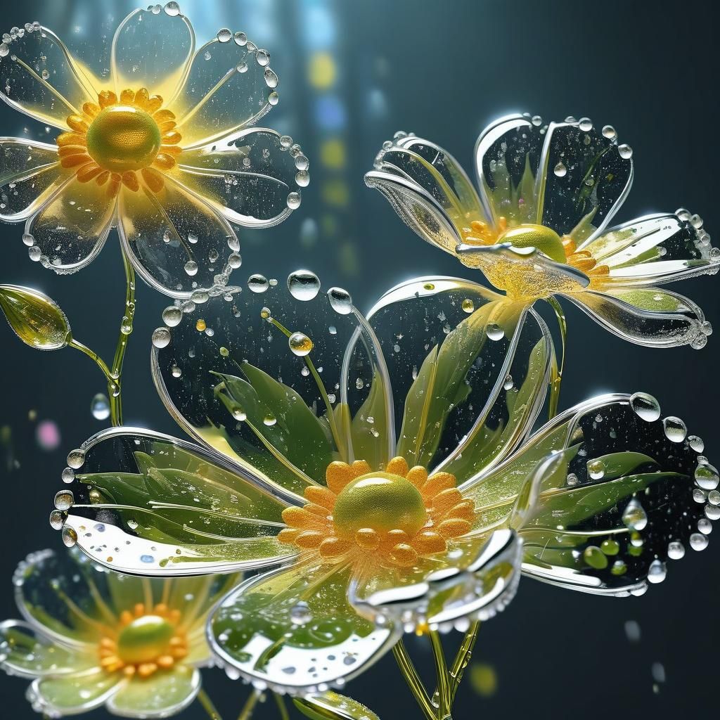 Glass Flowers with Dewdrops in Sunlight