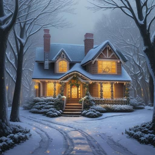 Victorian Christmas Cottage in Snowy Woods