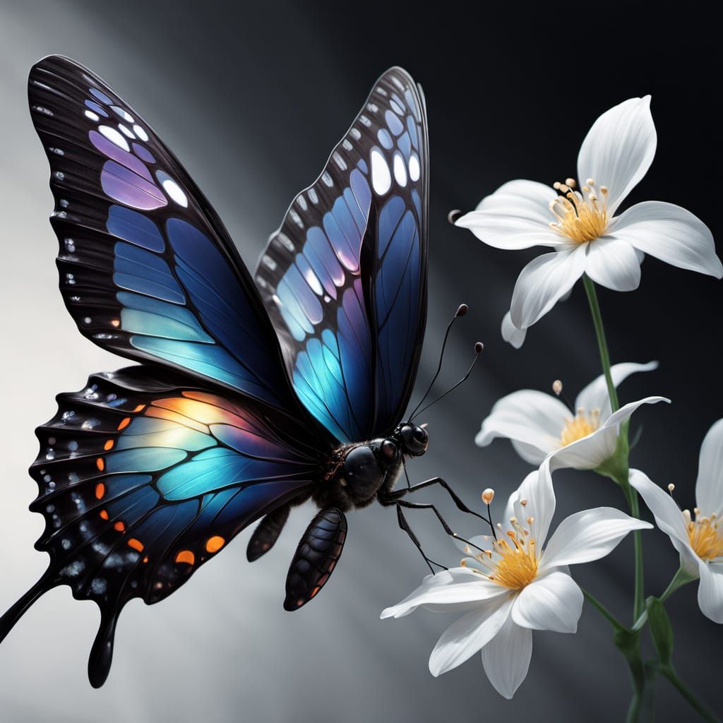 Crystal Butterfly Near Luminous Flower - Hyper-Realistic Dig...