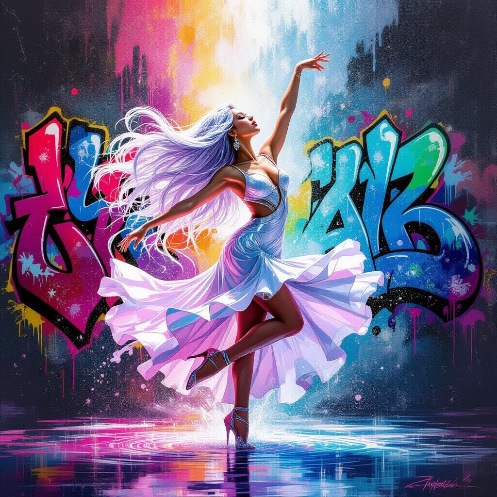 Water Dancer with Vibrant Graffiti Splash Art