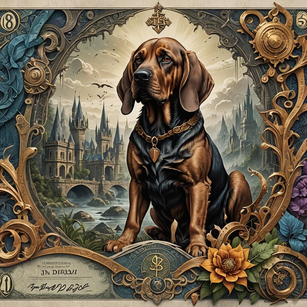 Bloodhound on Art Banknote in Detailed Painting