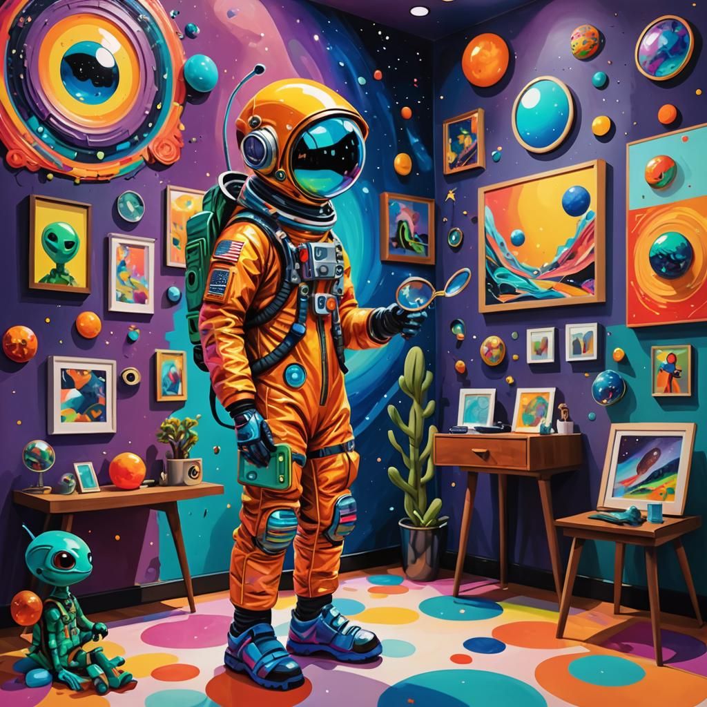 Alien's Whimsical Art Gallery Visit in Vibrant Digital Art