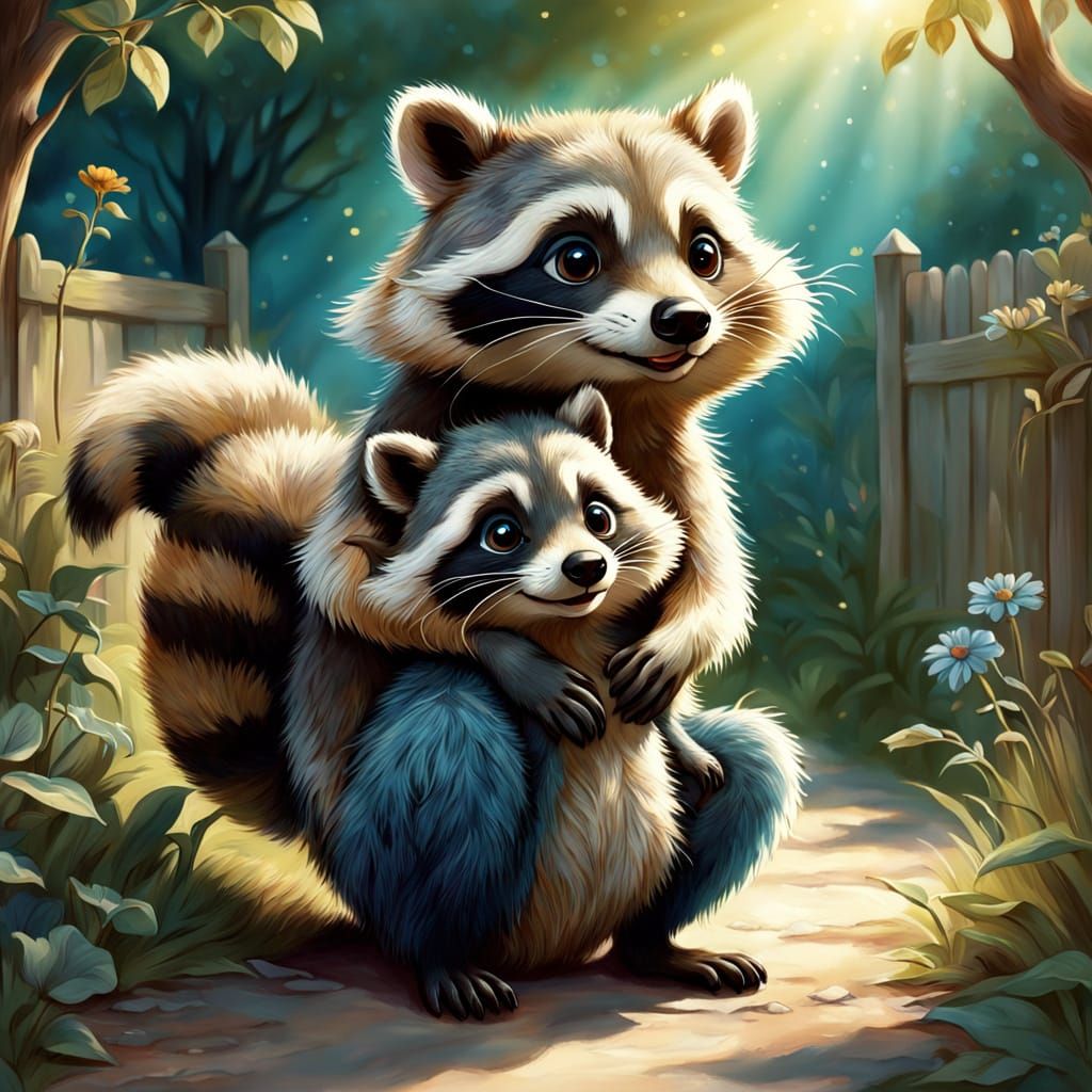 Child Hugs Mischievous Raccoon in Sunlit Backyard