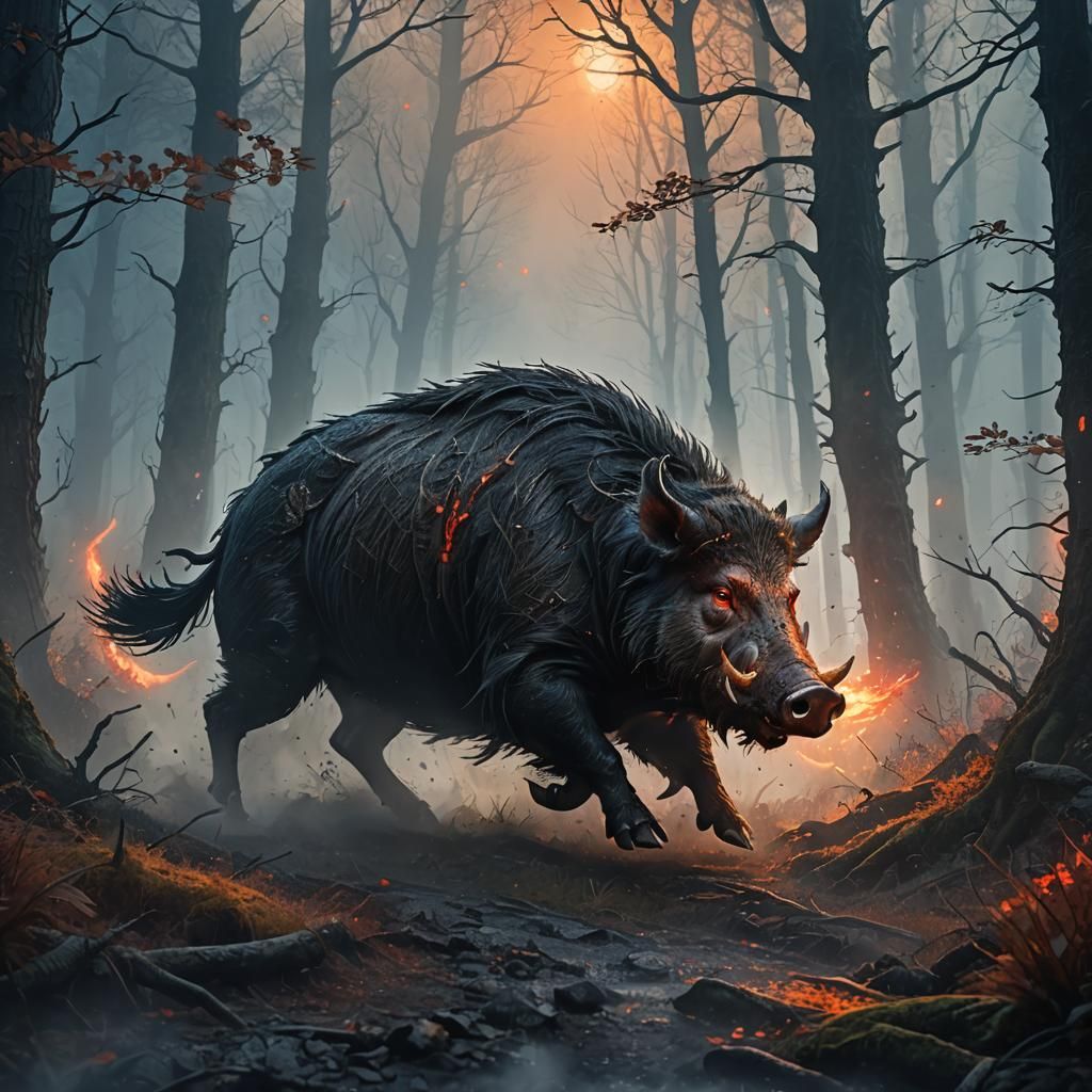 Majestic Wild Boar Runs Through Ancient Forest