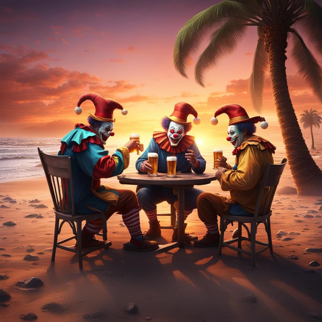 Clowns Enjoying Beach Beers at Sunset