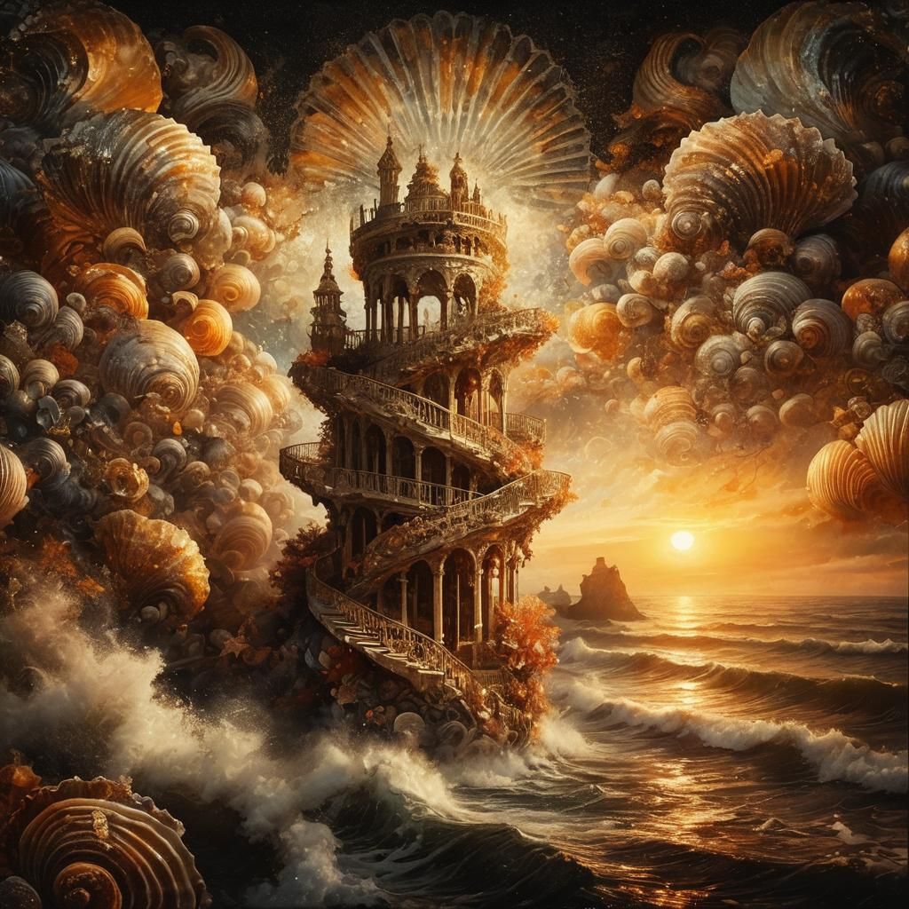 Rococo Seashell Tower at Sunset: Digital Painting