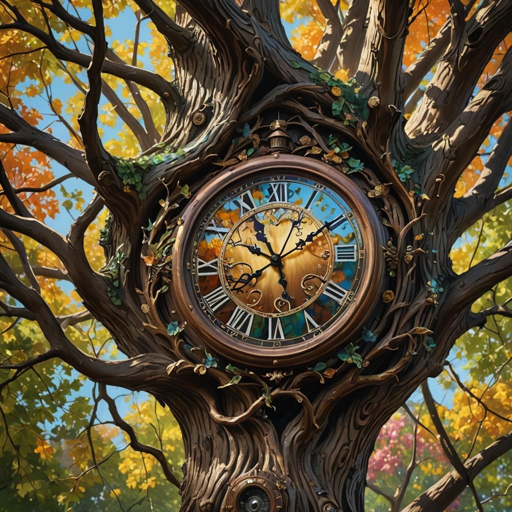 Hyperrealistic Clock in Tree Splash Art