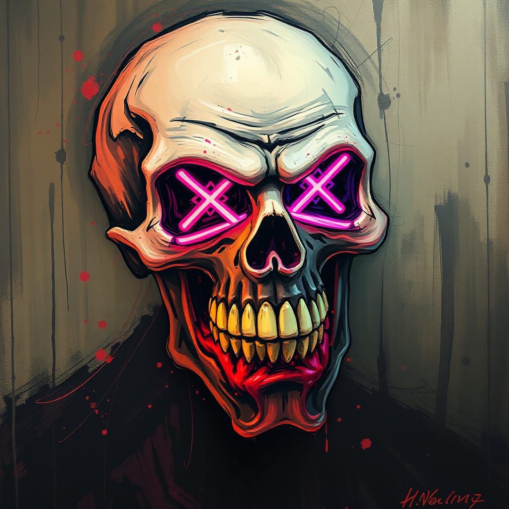 Distorted Portrait of Sans with Neon Mask, Expressionist Sty...