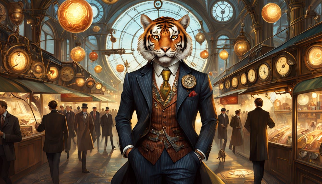 Steampunk Tiger with Orb in Art Nouveau Style