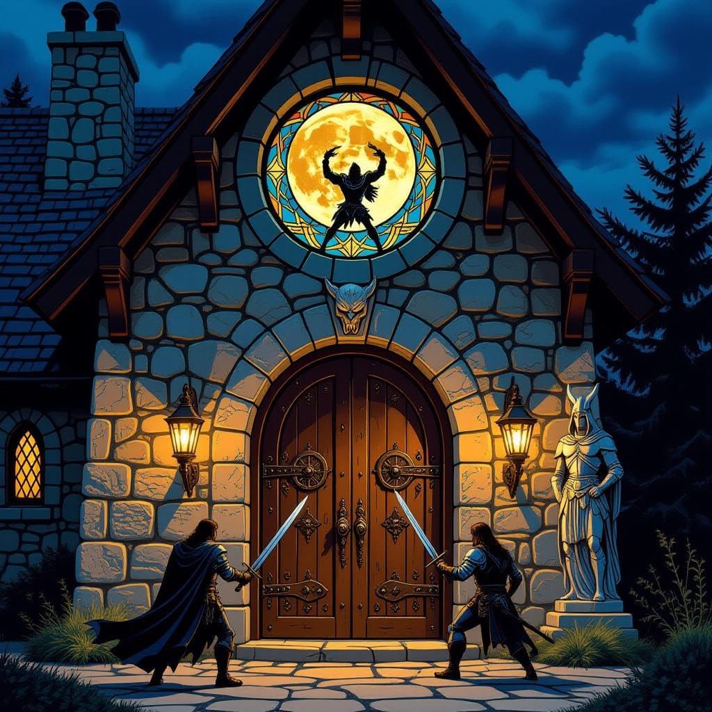 Adventurers Clash with Demon in Stained Glass Art