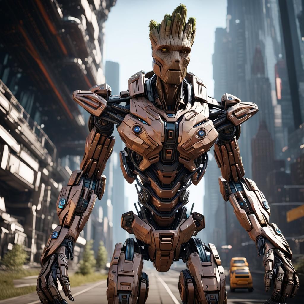 Groot Driving Mech Suit in Futuristic Sci-Fi