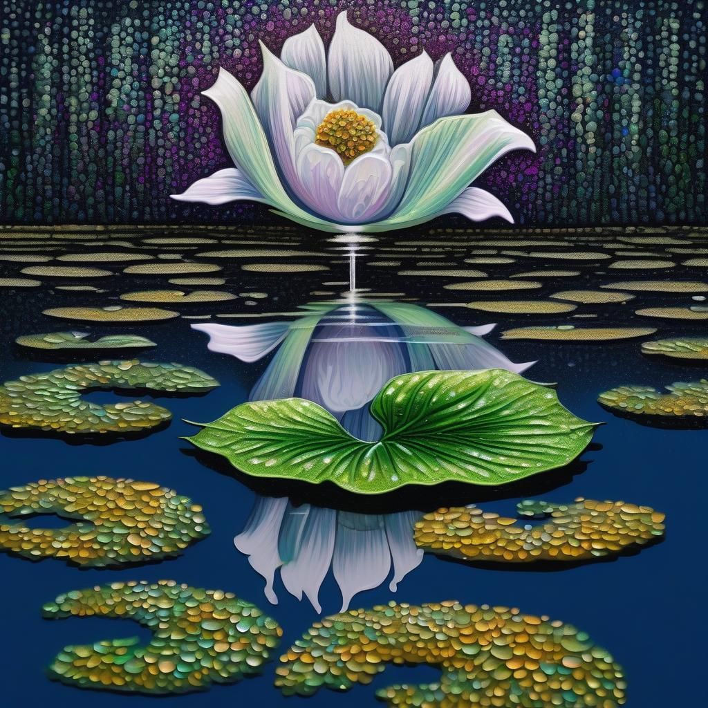 Moon Flower Pond in Pointillist Acrylic Pour Style