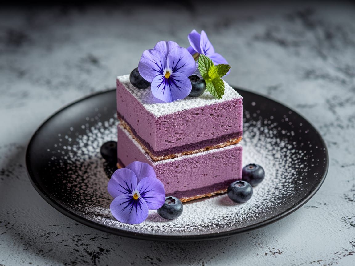 Elegant Purple Desserts on a Black Plate