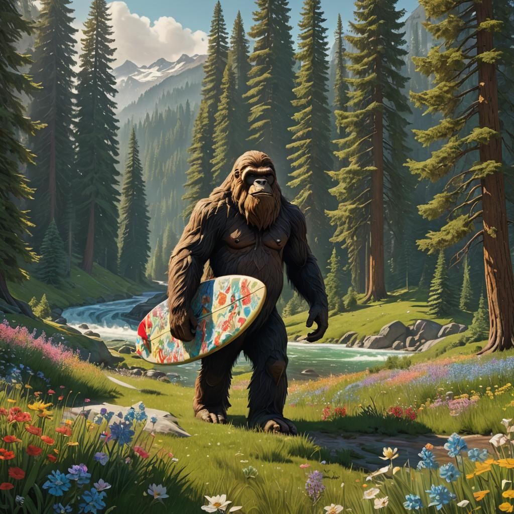 Sasquatch Surfer in Alpine Meadow: Detailed Matte Painting