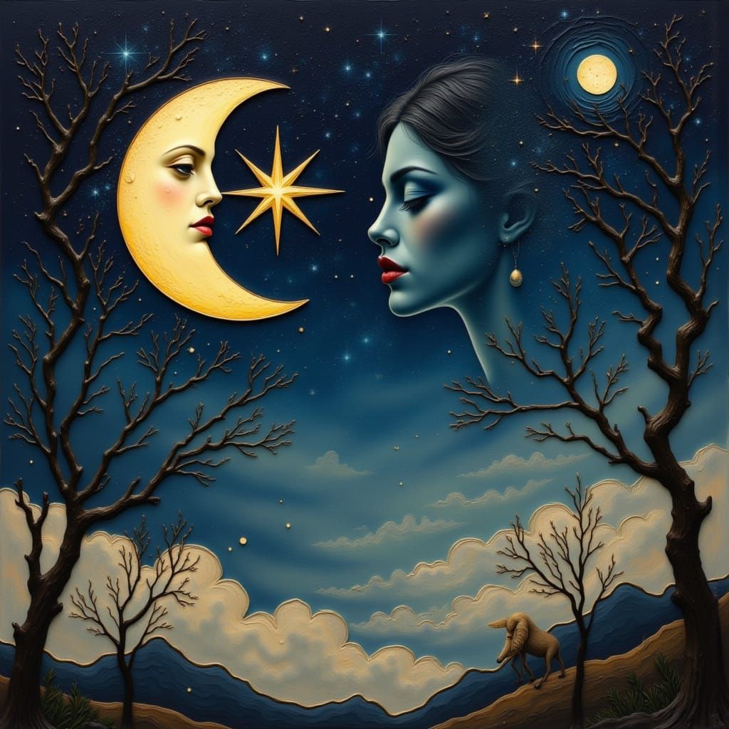 Surreal Night Sky Painting with Mystical Moon
