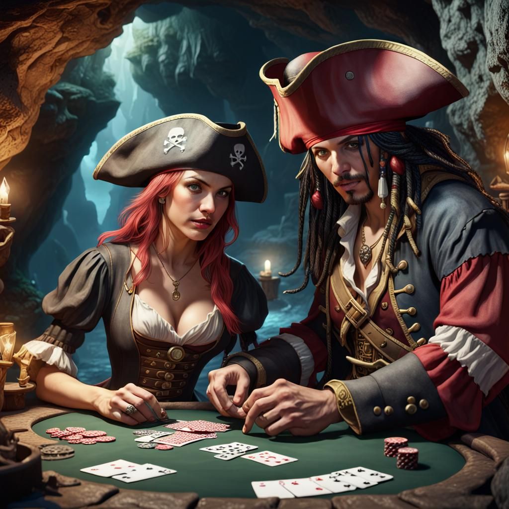 Pirate and Rogue Play Poker in Cave, Fantasy Art