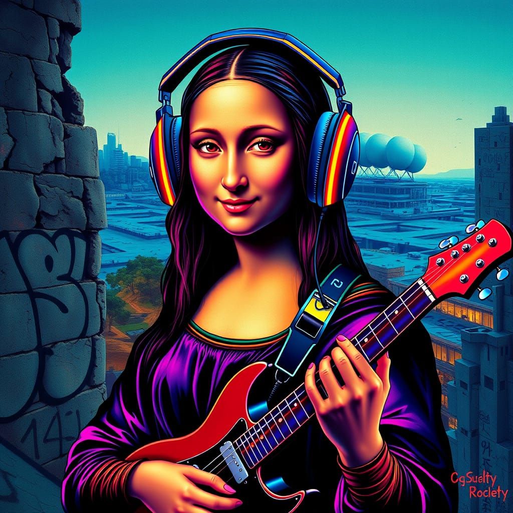 Pop Art Portrait of Enigmatic Mona Lisa in Dystopian Setting