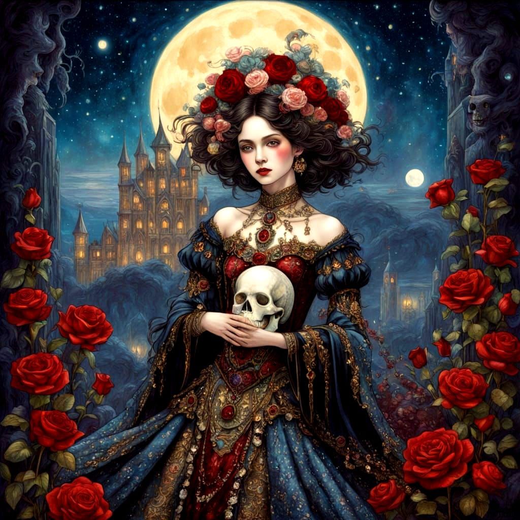 Romantic Harlequin with Crystal Skull in Moonlit Garden