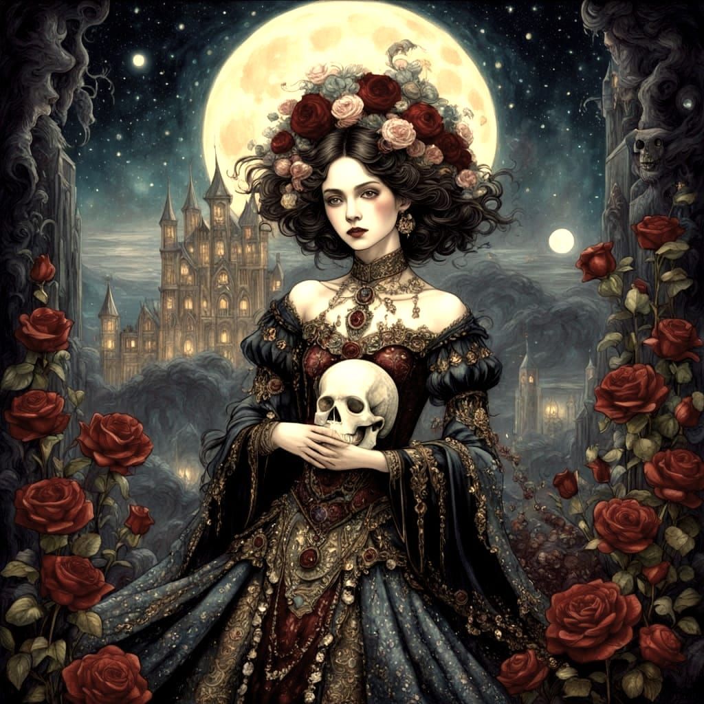 Romantic Harlequin with Crystal Skull in Moonlit Garden