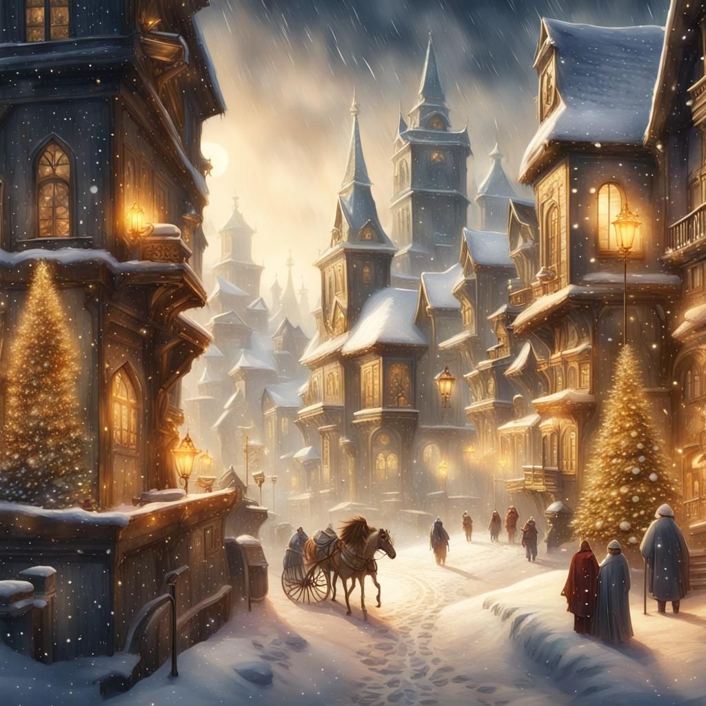 Golden City Christmas Card in Watercolor Style