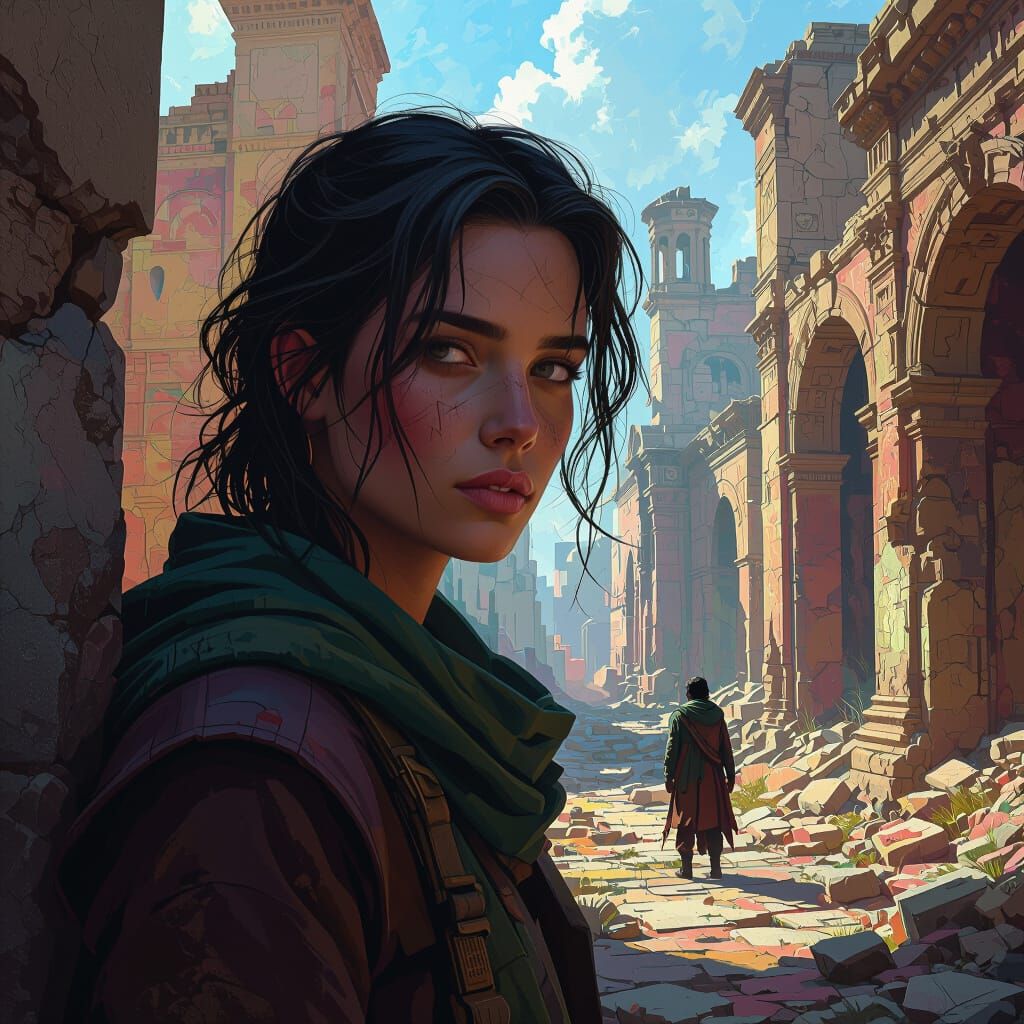 Figure in Ruined City with Hyperrealistic Rendering