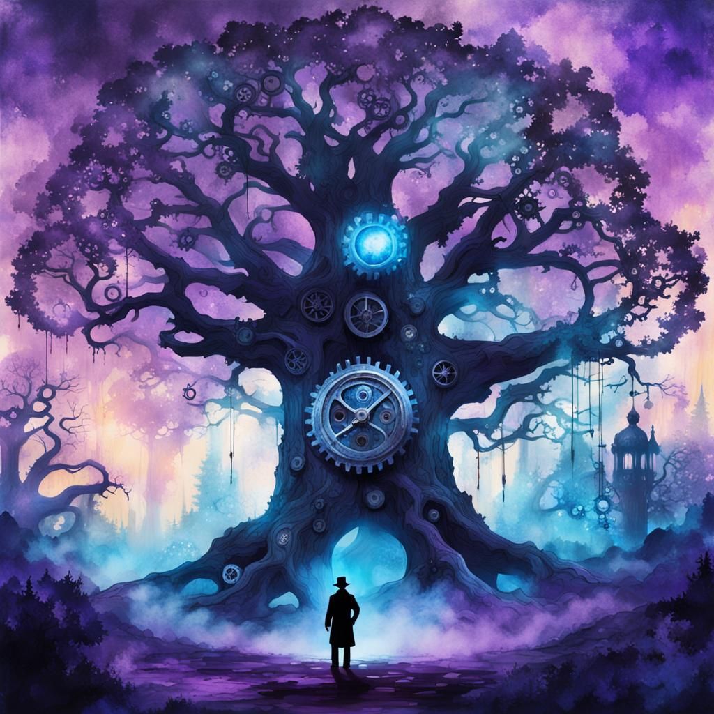 Steampunk Magician in Mystical Forest Ink Painting