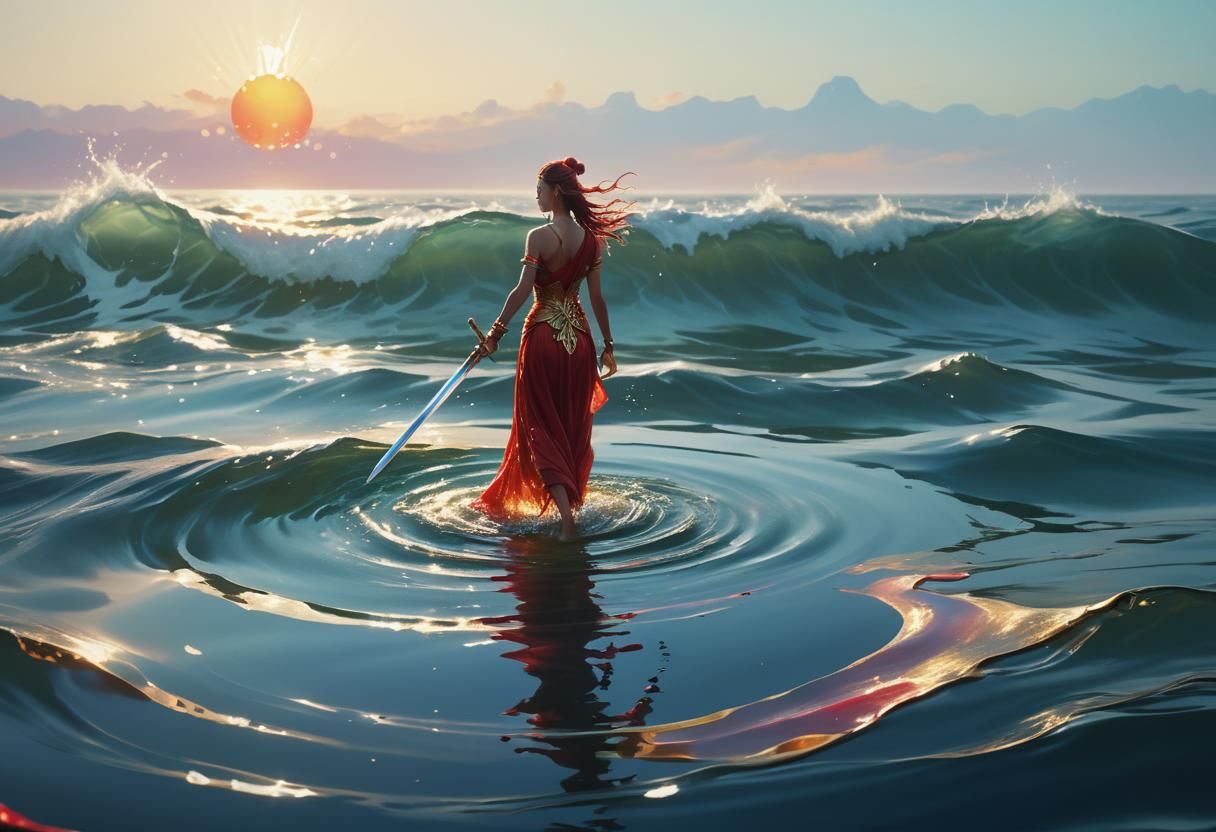 Goddess Walking on Water with Sword in Oil Painting