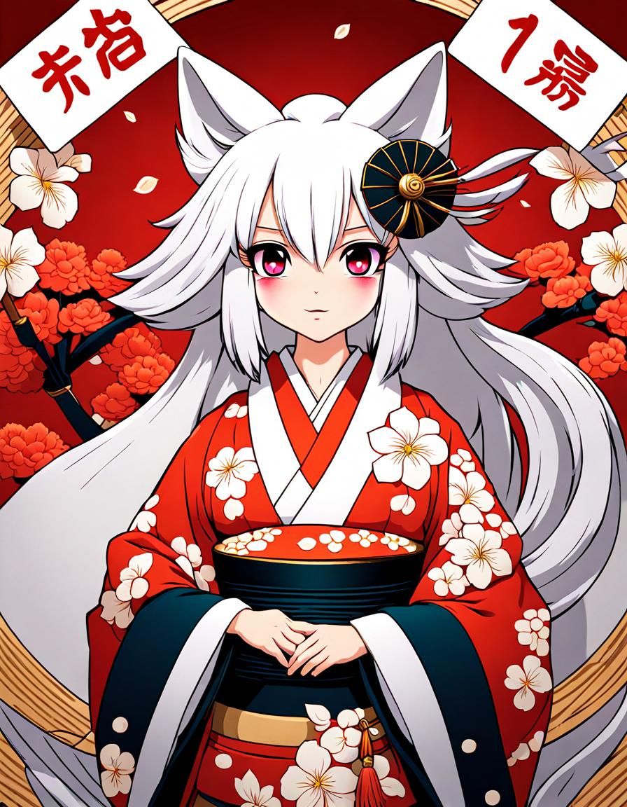 White-Haired Kitsune Girl in Kimono Digital Art