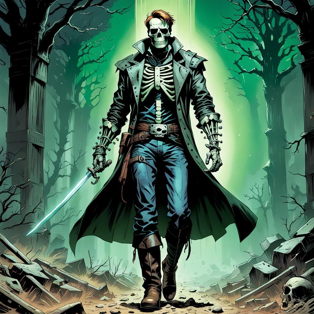 Green Eyed Skeleton in Duster Coat Comic Art