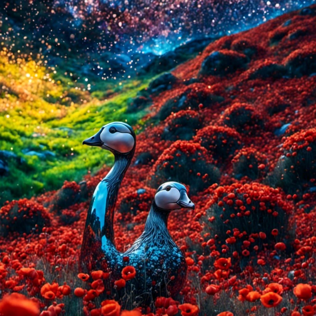 Puffin Coated in Poppies with Sparkling Glass Texture