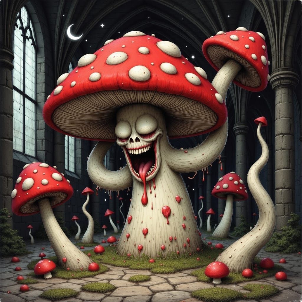 Gothic Fungi Exorcist in a Haunting Cathedral