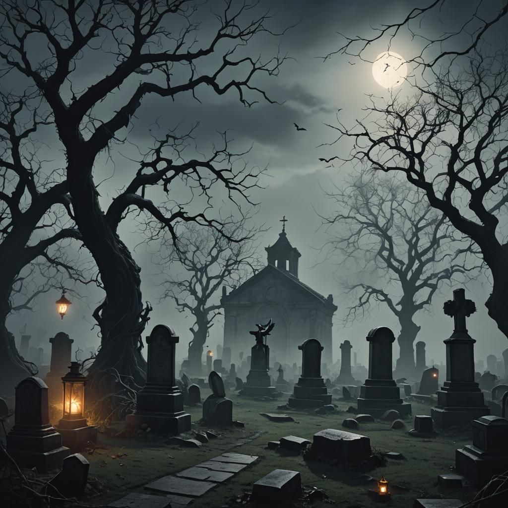 A shadowy, desolate graveyard sprawls under a cold, pale moo...