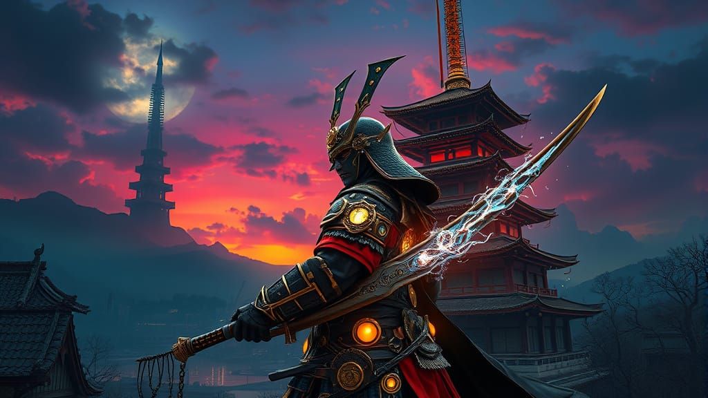 Steampunk Samurai Guarding Pagoda in Twilight