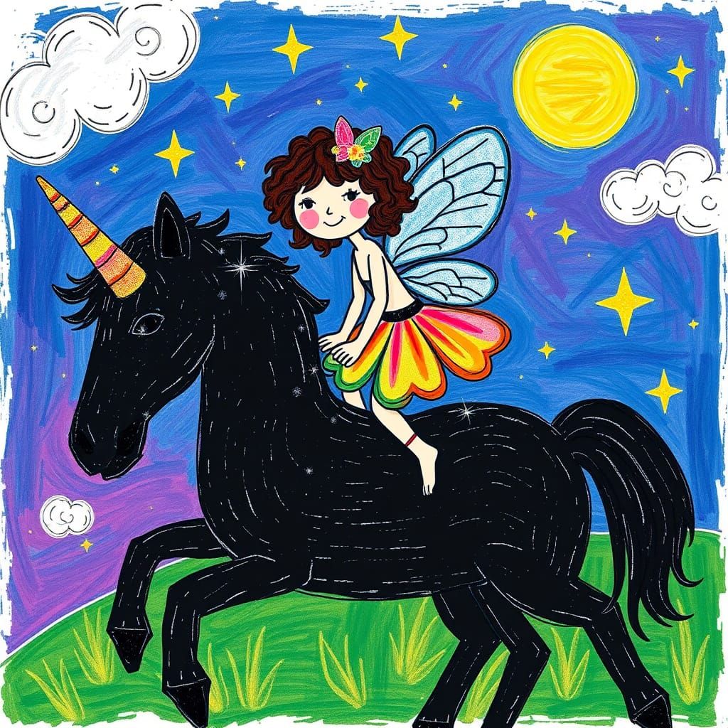 Butterfly Fairy on Unicorn in Crayon Style