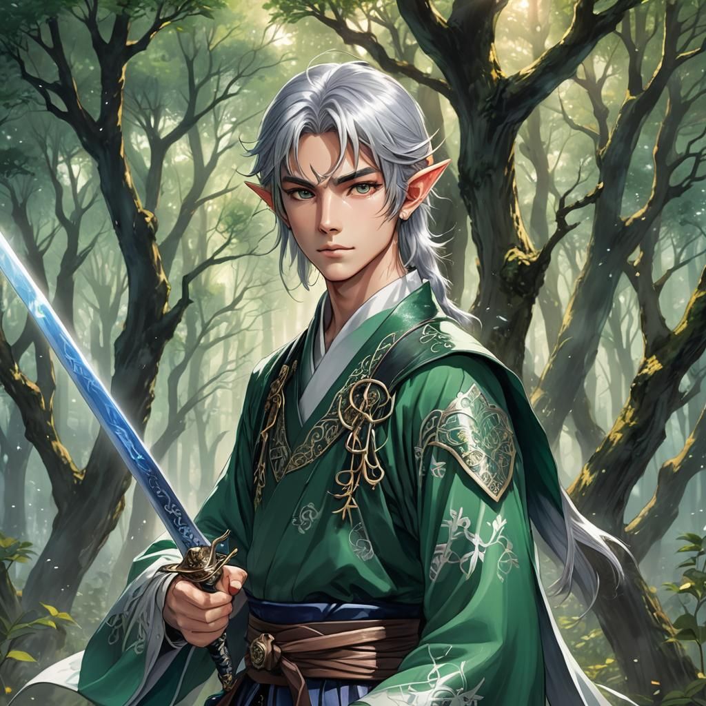 Anime Elf Warrior in Fantasy Forest