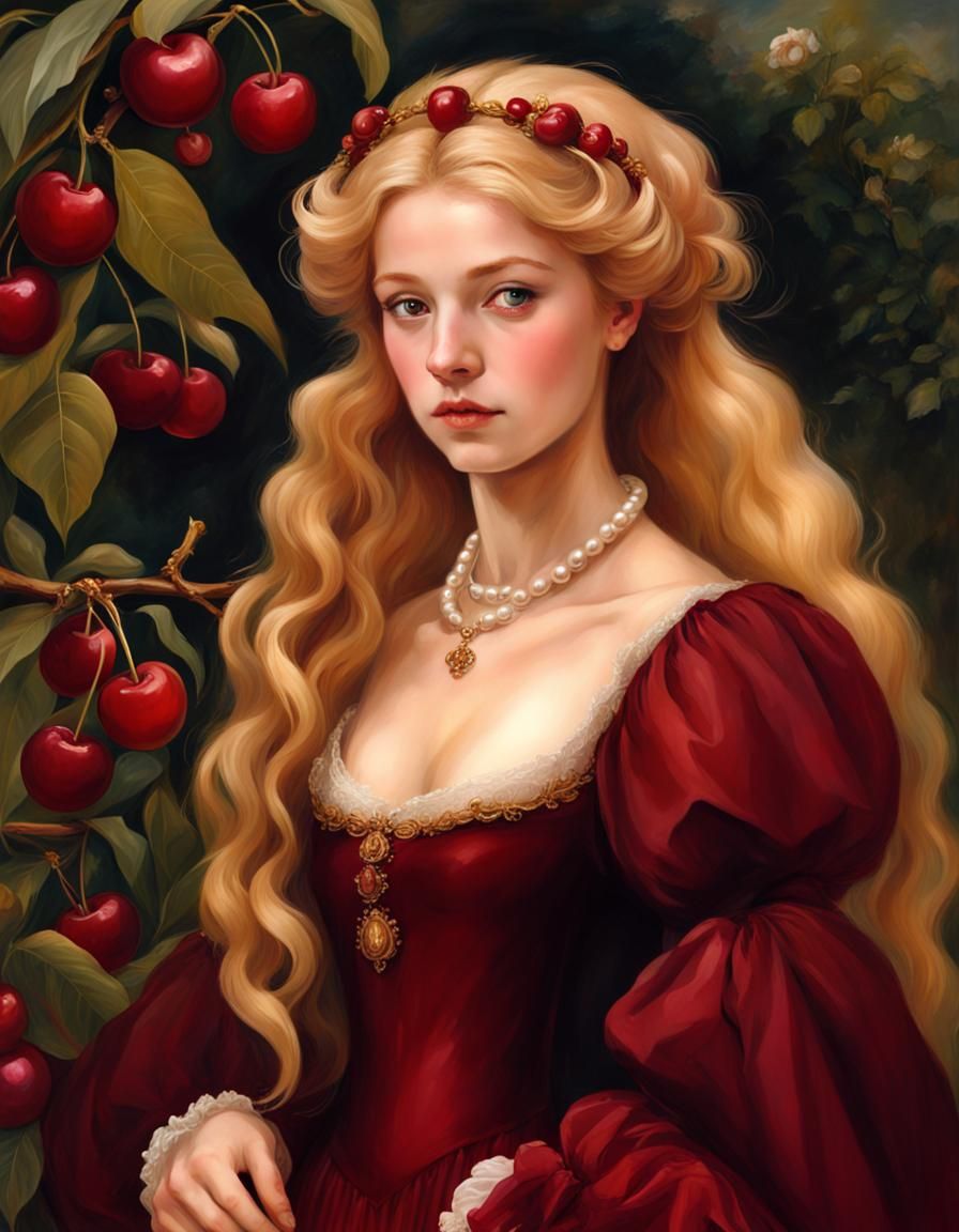 Renaissance Woman in Red Gown in Cherry Garden