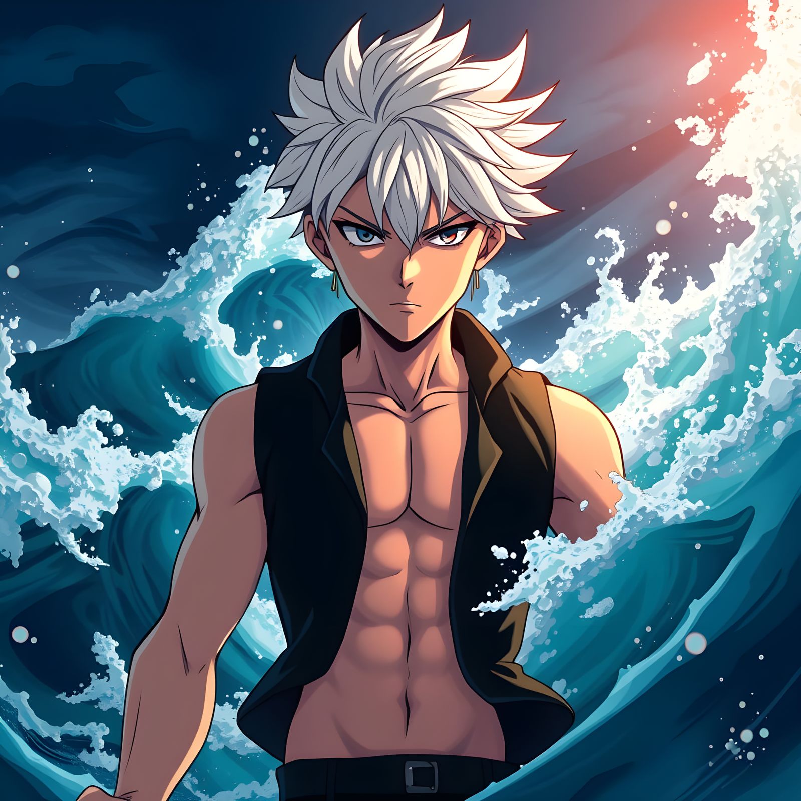 Anime Young Man in Sea, Cel-Shaded Style