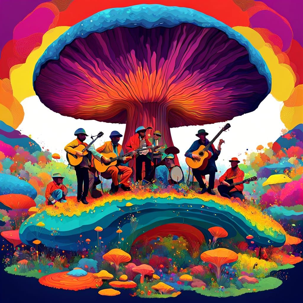 Folk Musicians Under Vibrant Mushroom