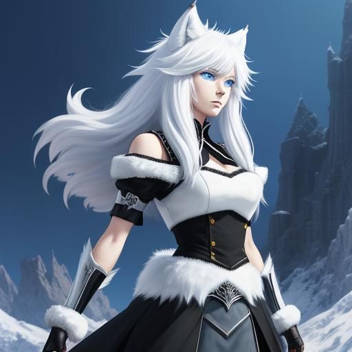 Anime Wolf-Girl with White Hair in Winter