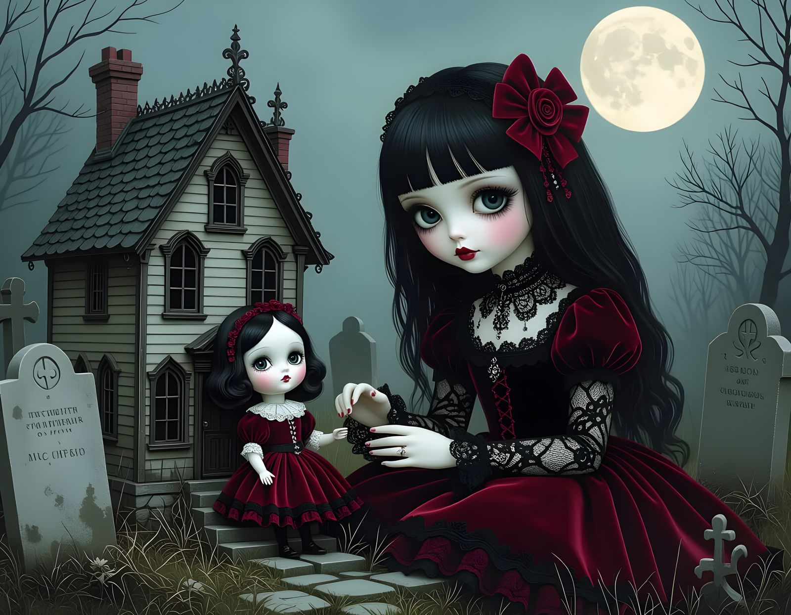Gothic Girl Plays With Surreal Dollhouse in Midnight Graveya...